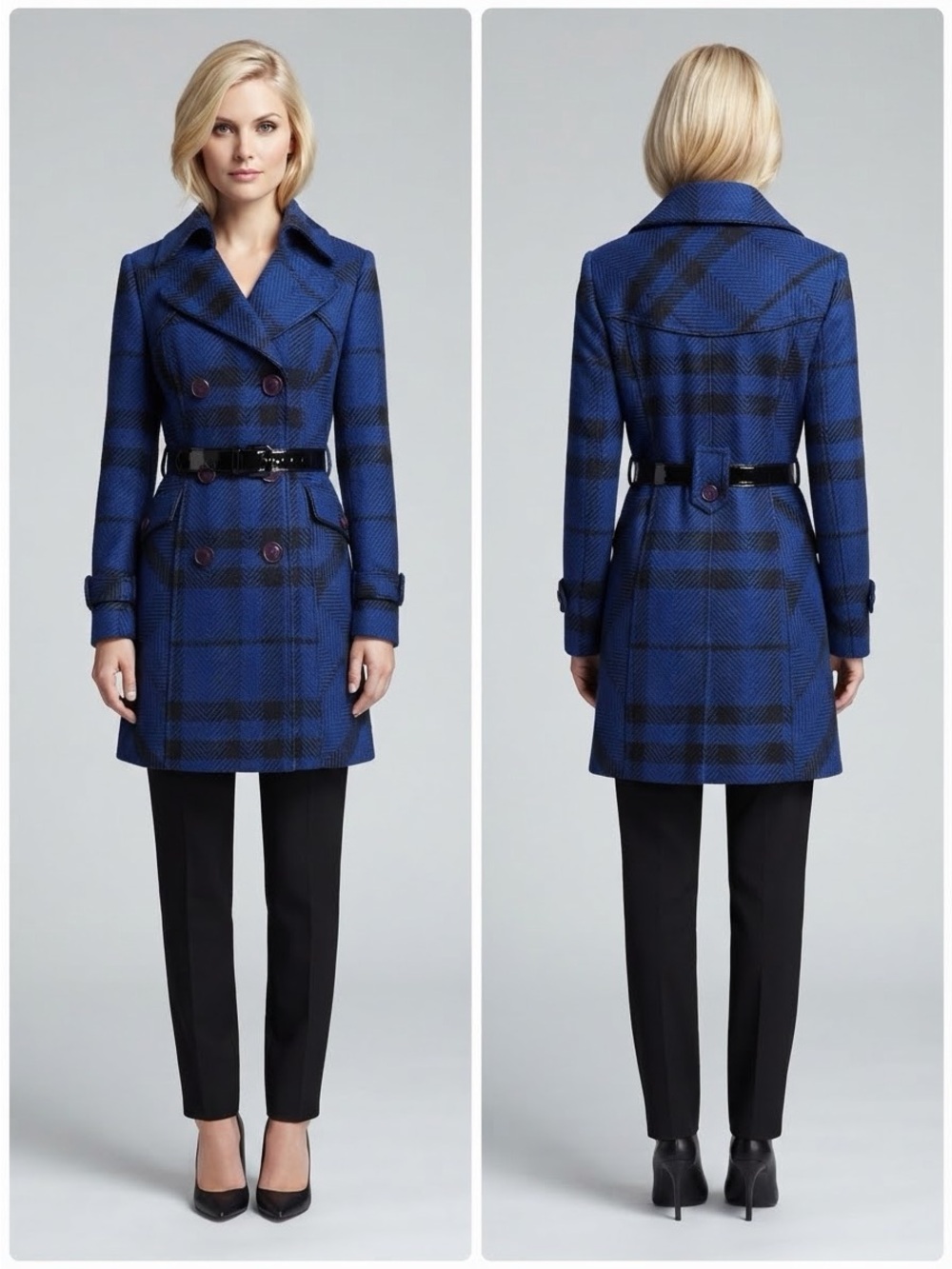 NWT Blue Plaid Double-Breasted Coat with Belt Lined Notched Collar